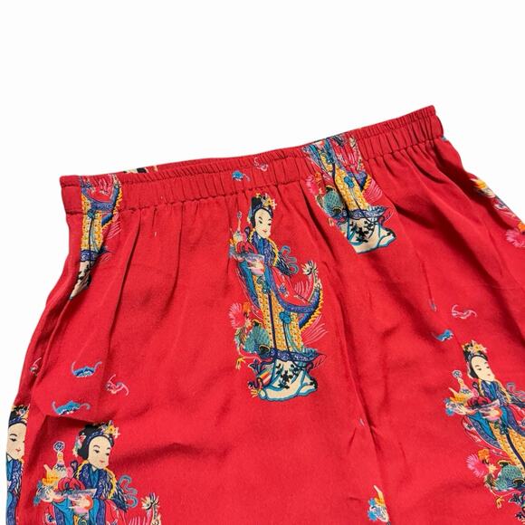 VINTAGE 90s HARARI RED SILK ASIAN PRINT ART TO WEAR PANTS BOHO COTTAGE RETRO S - Picture 3 of 7